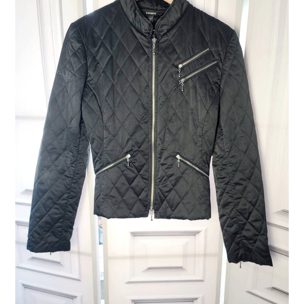 EXPRESS BLACK QUILTED ZIPPER DETAIL WOMEN'S MOTO JACKET - 14 JUNIORS (M) WOMENS